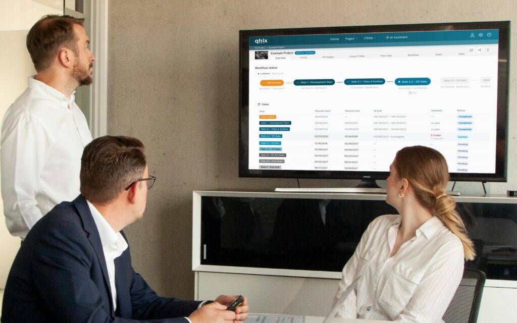 Management-Besprechung: Der QTRIX Workflow mit Terminplan-Übersicht wird auf dem Bildschirm bewertet